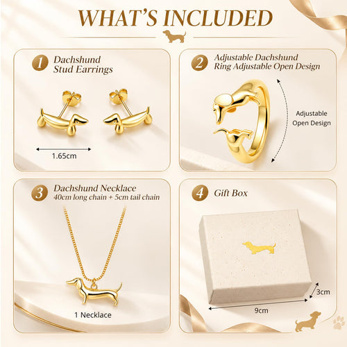Otuuz Dackel-Schmuckset mit Halskette, Ring und Ohrsteckern