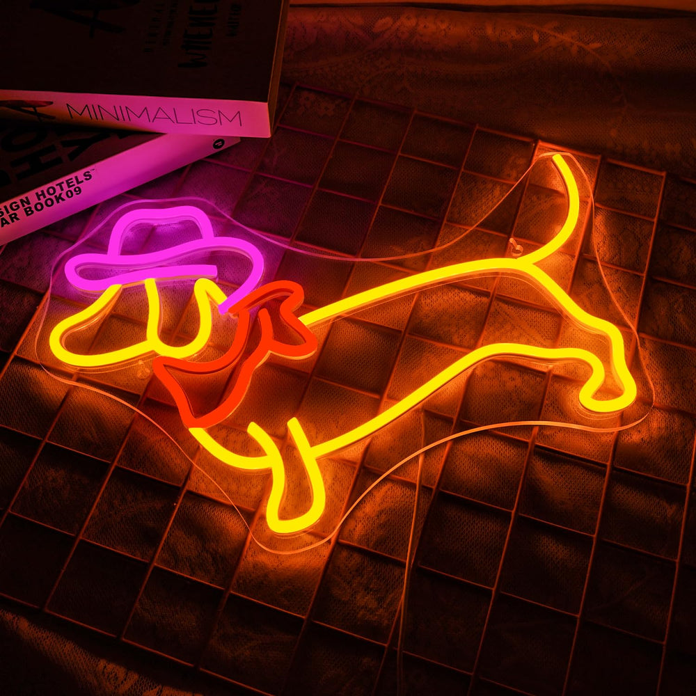 NOXET LED-Neonschild „Dackel mit Cowboyhut“, dimmbar