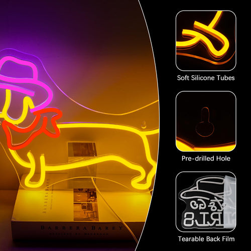 NOXET LED-Neonschild „Dackel mit Cowboyhut“, dimmbar