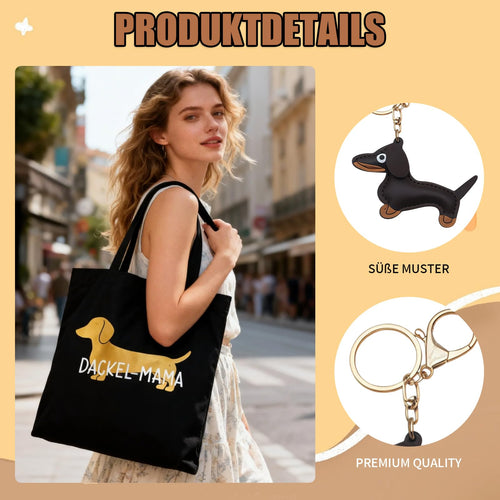 QijAOPD Dackel-Stofftasche mit Schlüsselanhänger, schwarz