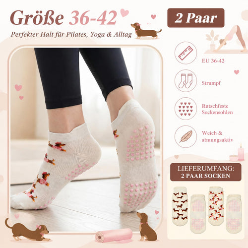 Jadive Pilates-Socken mit Dackelmotiv, 2 Paar, Größe 36–42