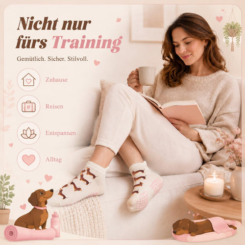 Jadive Pilates-Socken mit Dackelmotiv, 2 Paar, Größe 36–42