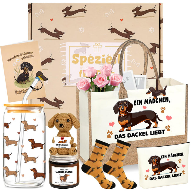 Dackel-Geschenkset mit Tasche, Glas und Accessoires