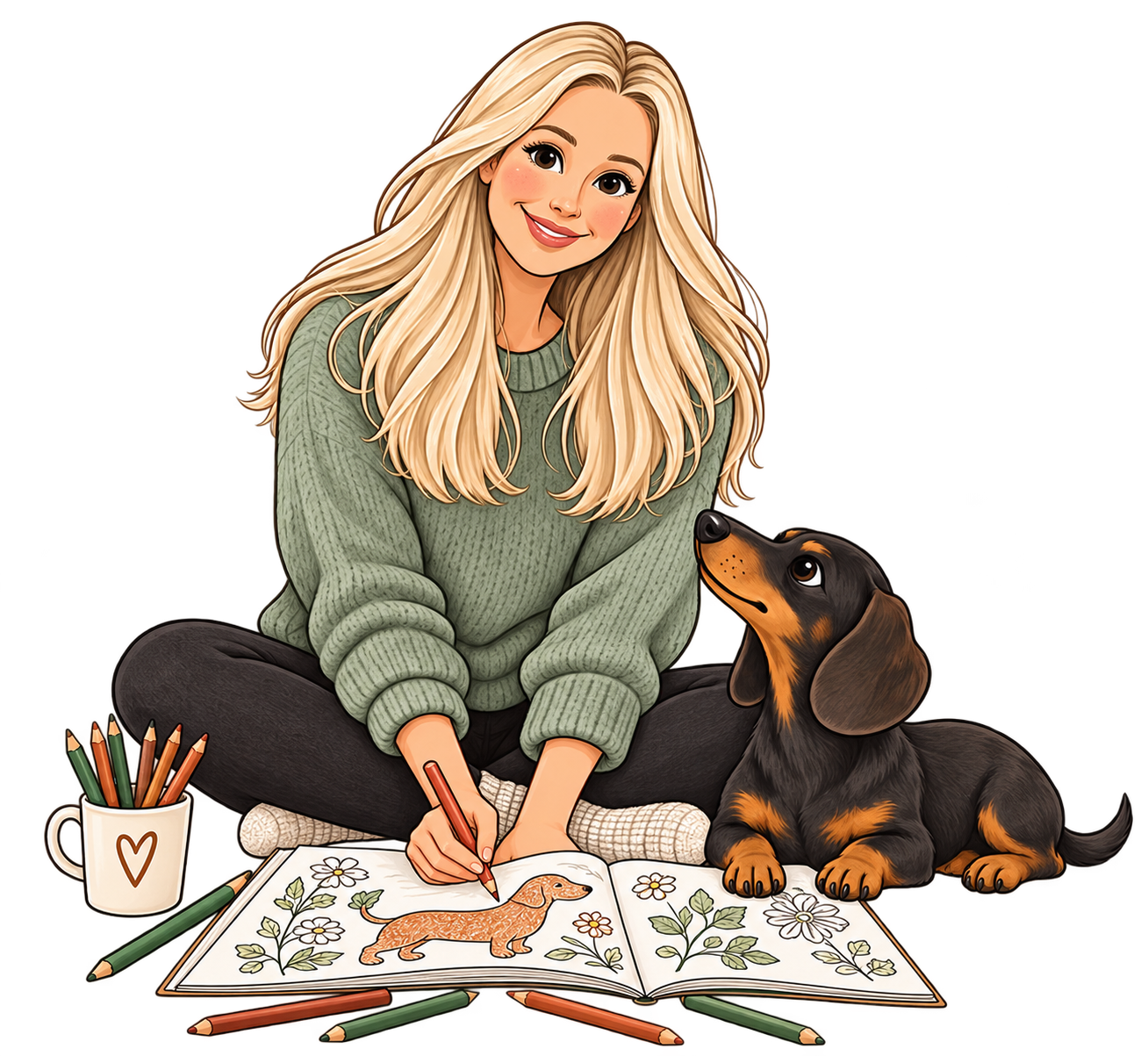 Angela malt in einem Malbuch, während Dackel Waldemar neben ihr liegt – Illustration