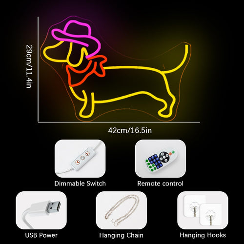NOXET LED-Neonschild „Dackel mit Cowboyhut“, dimmbar