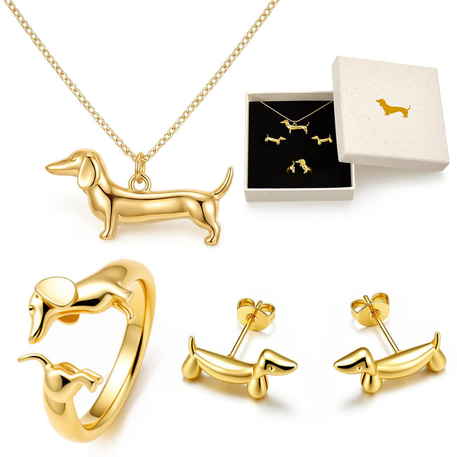 Otuuz Dackel-Schmuckset mit Halskette, Ring und Ohrsteckern