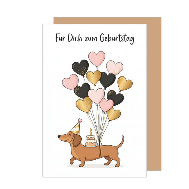 Dackel-Geburtstagskarte mit Herzballons und Torte