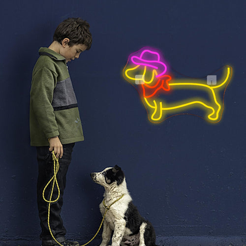 NOXET LED-Neonschild „Dackel mit Cowboyhut“, dimmbar
