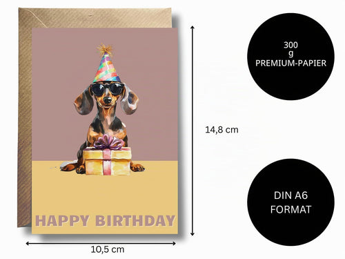 Dackel-Geburtstagskarte „Happy Birthday“ mit Sonnenbrille