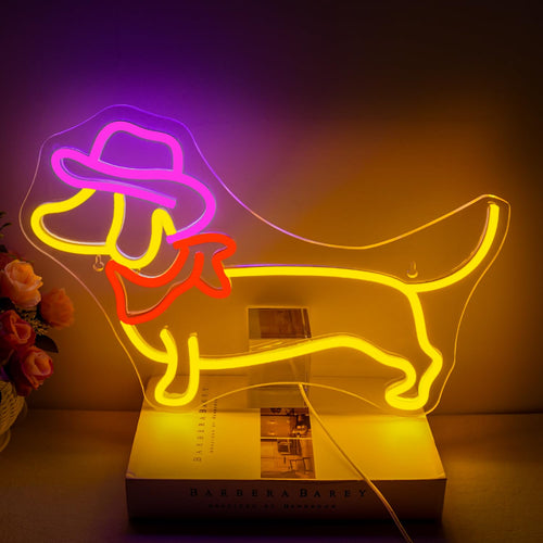 NOXET LED-Neonschild „Dackel mit Cowboyhut“, dimmbar