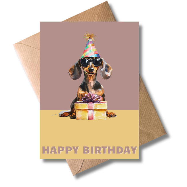 Dackel-Geburtstagskarte „Happy Birthday“ mit Sonnenbrille