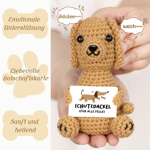Gehäkelter Schutzdackel mit Karte von Giftasy