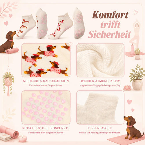 Jadive Pilates-Socken mit Dackelmotiv, 2 Paar, Größe 36–42