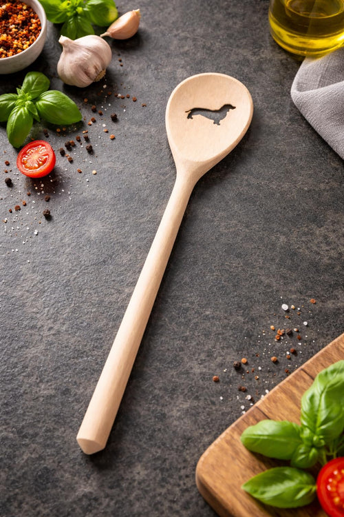 Teemando, Kochlöffel aus Holz mit Motiv Dackel, extra stabil, Naturprodukt: handgefertigt, unbehandelt, Rührlöffel aus Buche, oval 30 cm, das besondere Geschenk