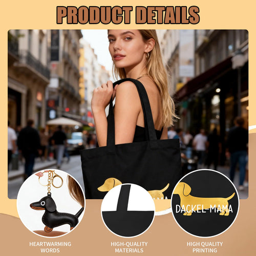 QijAOPD Dackel-Stofftasche mit Schlüsselanhänger, schwarz
