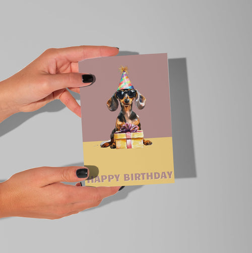 Dackel-Geburtstagskarte „Happy Birthday“ mit Sonnenbrille