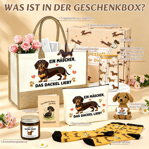 Dackel-Geschenkset mit Tasche, Glas und Accessoires