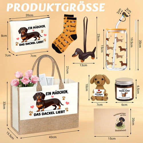 Dackel-Geschenkset mit Tasche, Glas und Accessoires