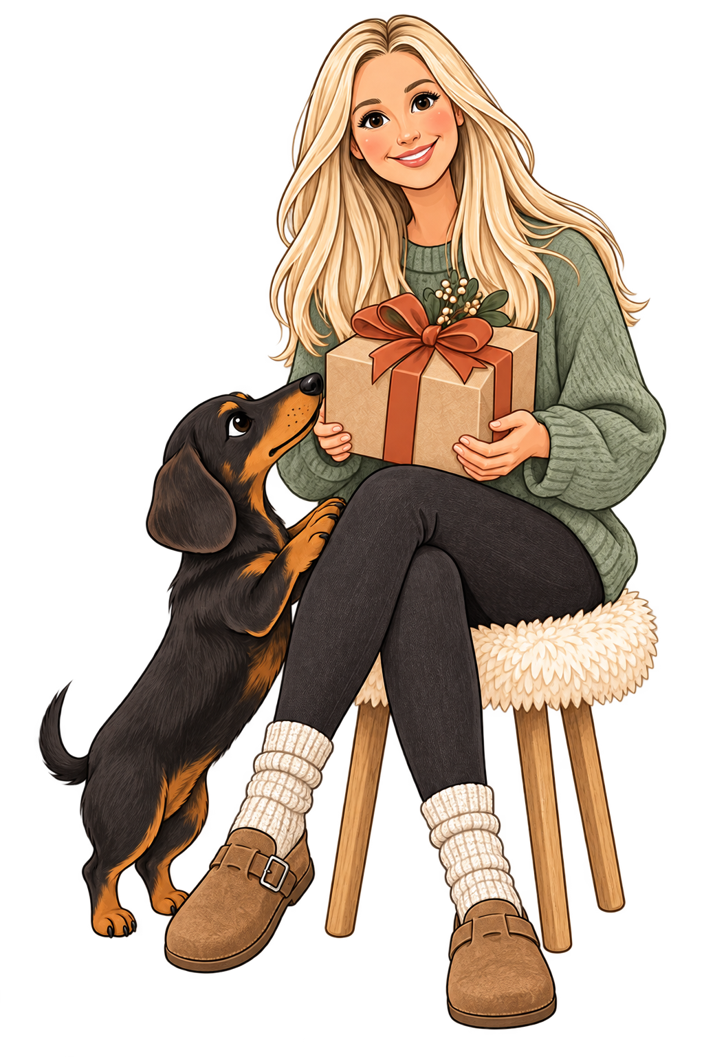 Angela hält ein Geschenk, Waldemar schaut neugierig dazu – Illustration