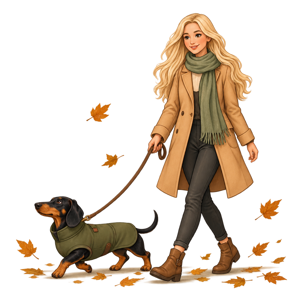 Angela im Herbstmantel geht mit Waldemar im olivgrünen Dackelmantel spazieren.