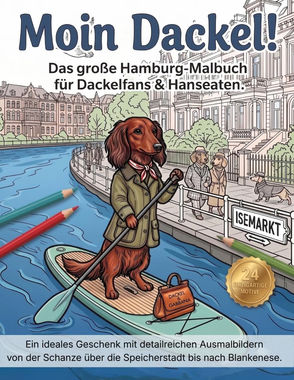 Moin Dackel! Buchcover mit Dackel auf einem Stand-up-Paddleboard in Hamburg