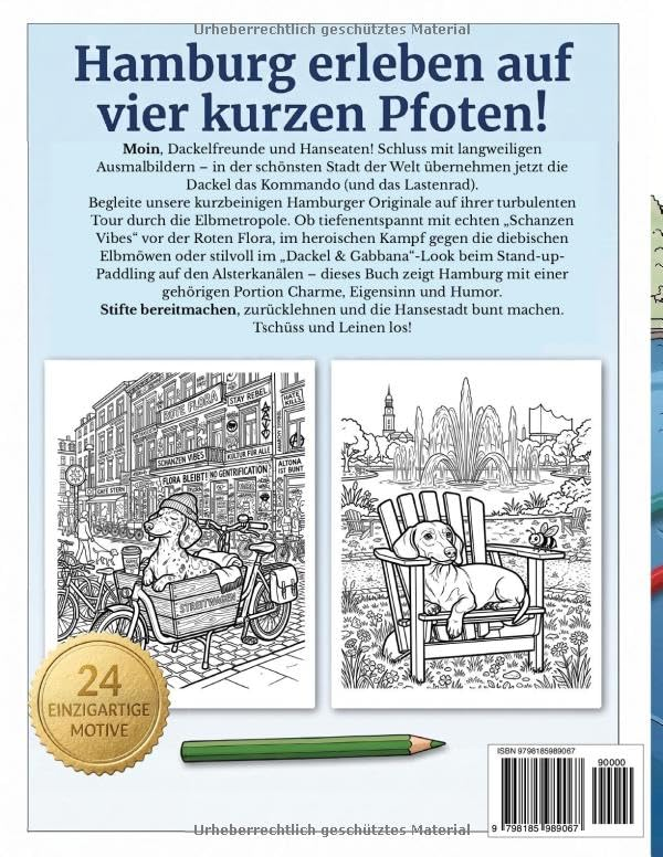 Moin Dackel! Buchrückseite mit zwei Ausmalmotiven
